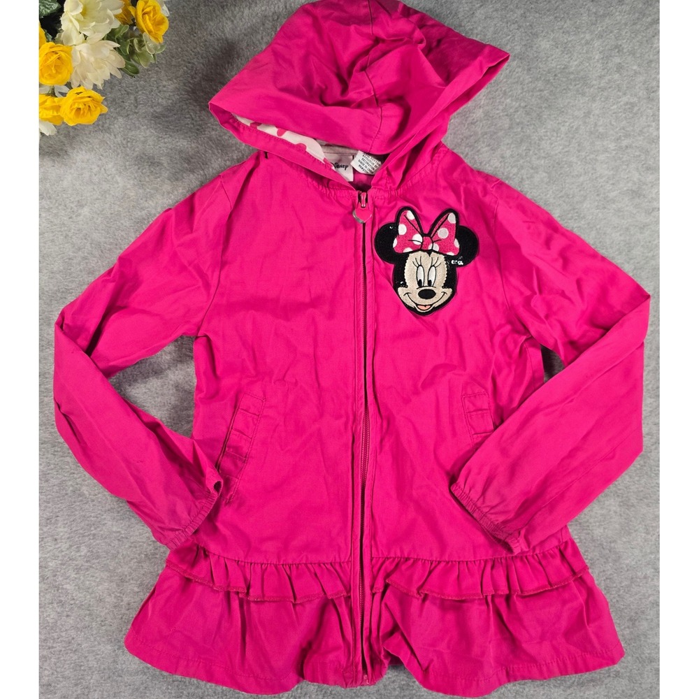 Vintage Y2K Disney Minnie Mouse Girls Hot Pink Ruffle Hooded Jacket Sequin 5T